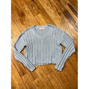 Ultra Flirt Cropped Knit V Neck‎ Sweater Baby Blue Long Sleeve Soft Casual Cute
